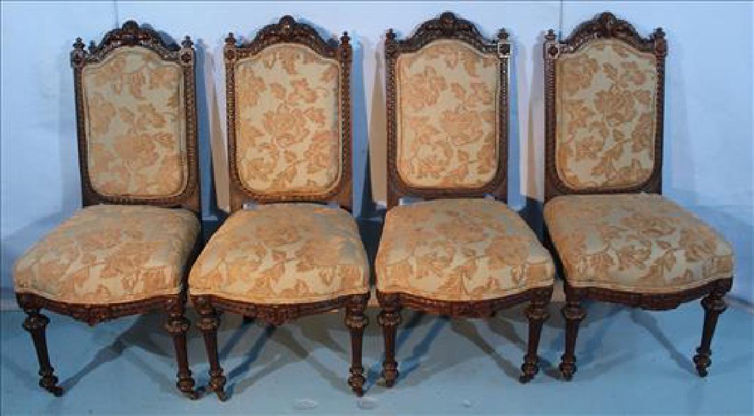 Set of 4 reinassiance side chairs with blue and brown: Set of 4 reinassiance side chairs with blue and brown upholstery, 39 in. T, 18 in. W, 15 in. D.