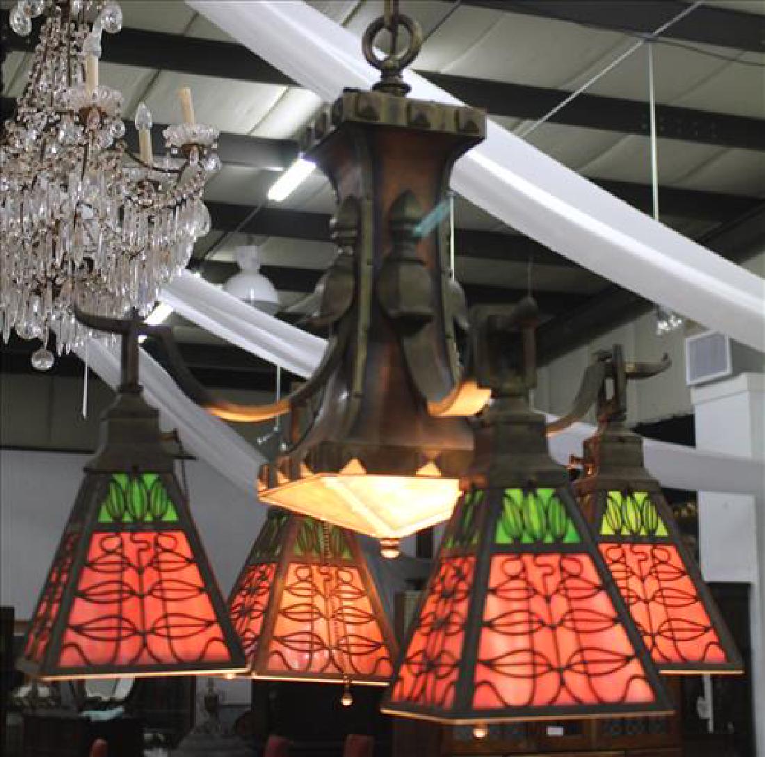 Brass  hanging light fixture with slag glass shades (1 of 4)