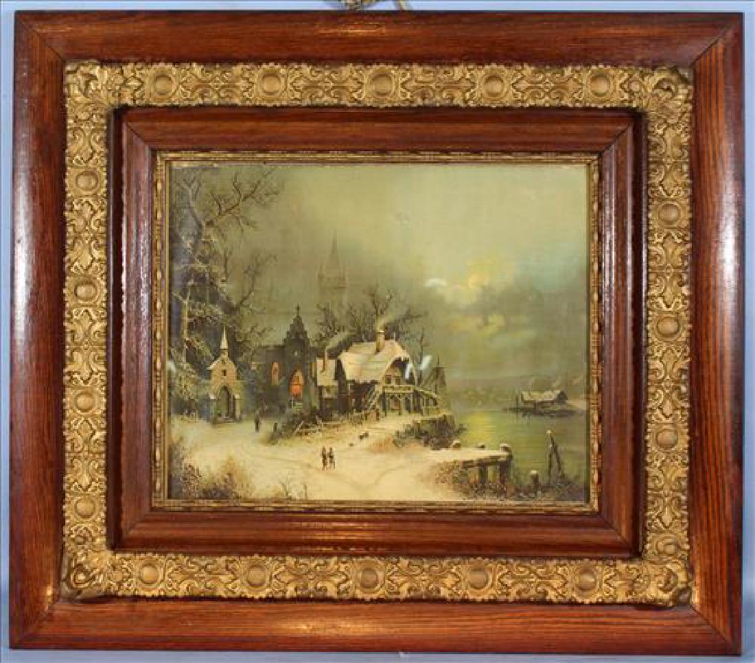 Old print of village scene in oak frame, 29.5 x 33.5 (1 of 3)