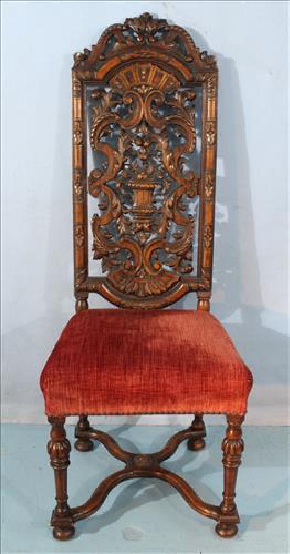 Heavily pierced carved mahogany hall chair: Heavily pierced carved mahogany hall chair, William and Mary style, 51 in. T, 18 in. D, 20 in. W.