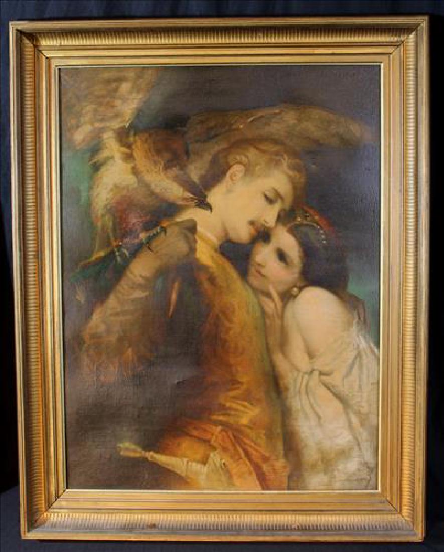 Antique oil on canvas of classical falcon scene, 32.5 x (1 of 2)