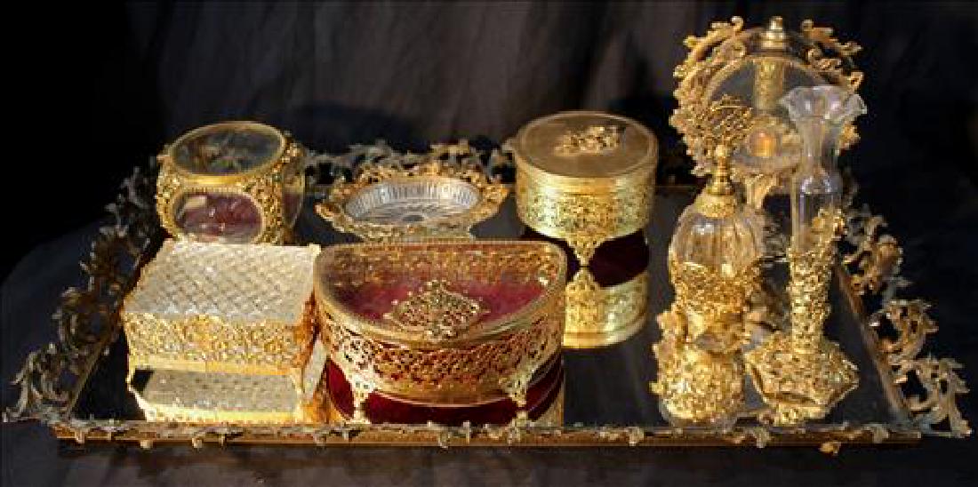 Assorted cut glass and gold plated dresser pieces w (1 of 3)