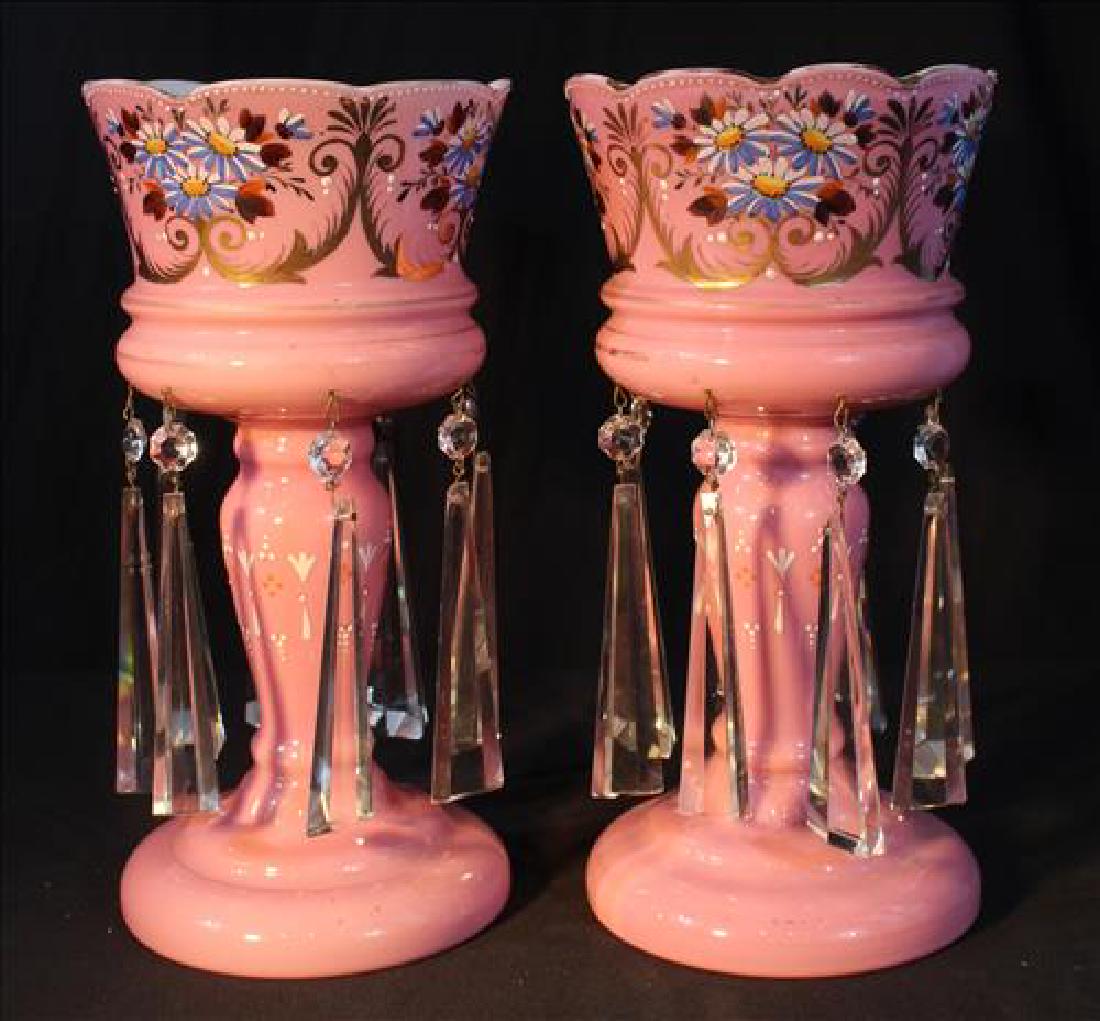Pair of  pink Victorian mantle lusters, 12 in. T. (1 of 3)