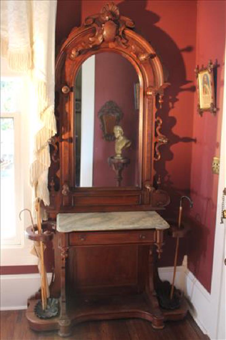 Walnut Victorian hall tree with original pans (1 of 5)