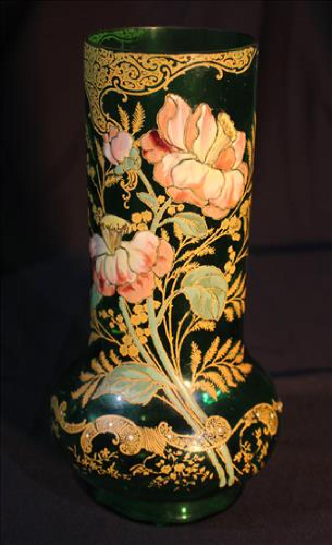 Victorian green glass vase with pink flowers: Victorian green glass vase with gold enamel and pink flowers, 10 in. T.