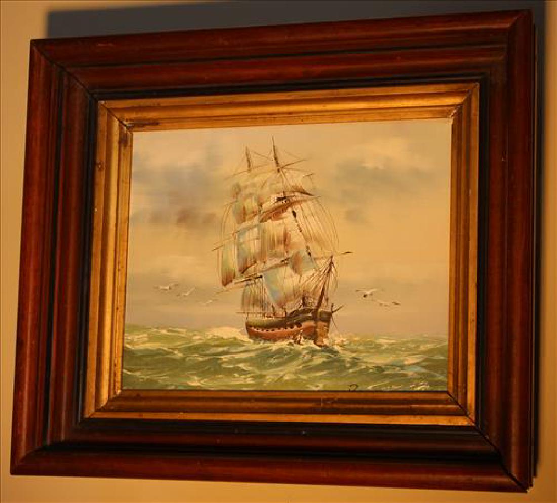 Contemporary painting of a ship in old shadowbox frame (1 of 2)