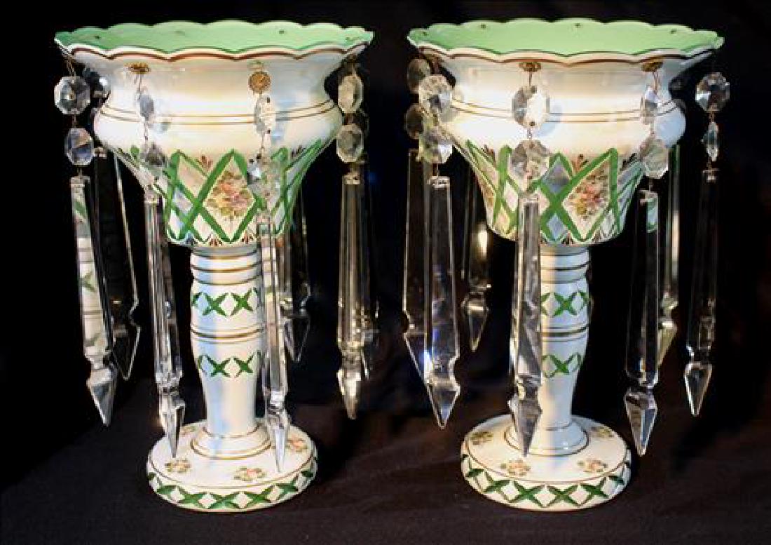 Pair white cut to green Victorian mantle lusters: Pair white cut to green Victorian mantle lusters, 12 in. T.