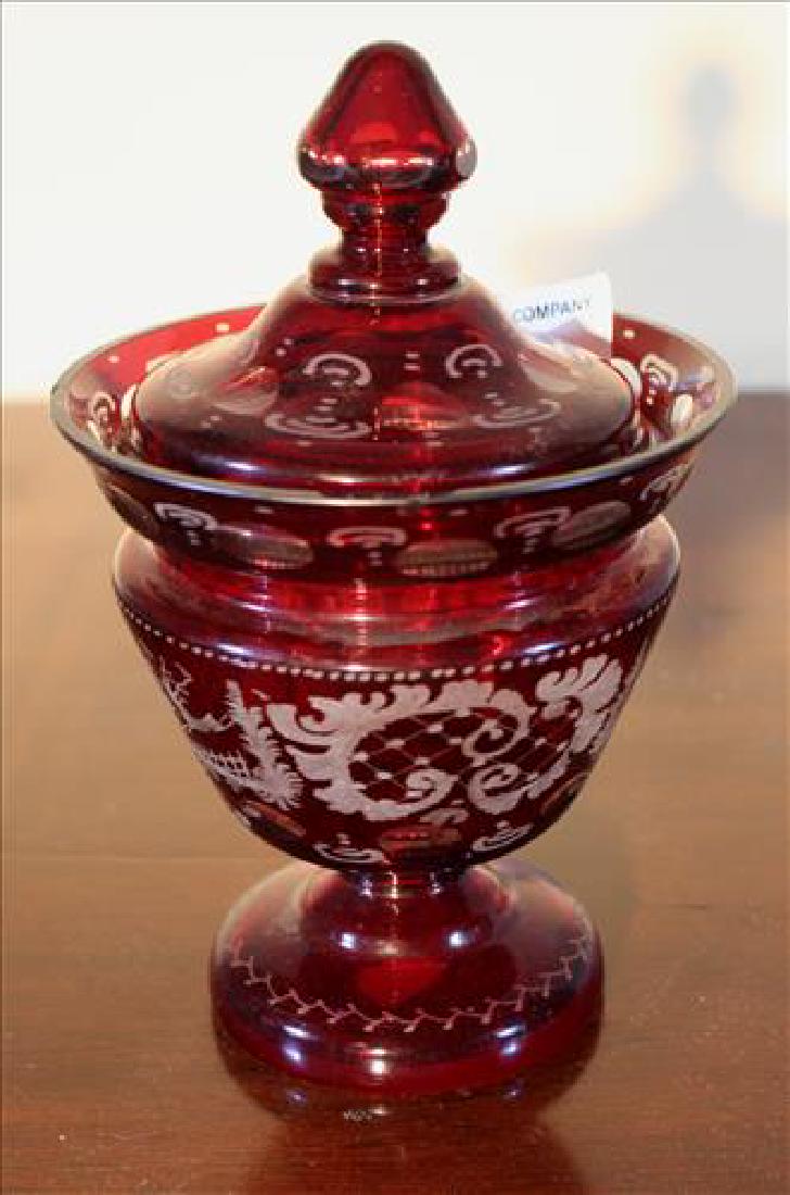 Bohemian candy dish with etching, 8 in T, 5 in. Dia. (1 of 2)