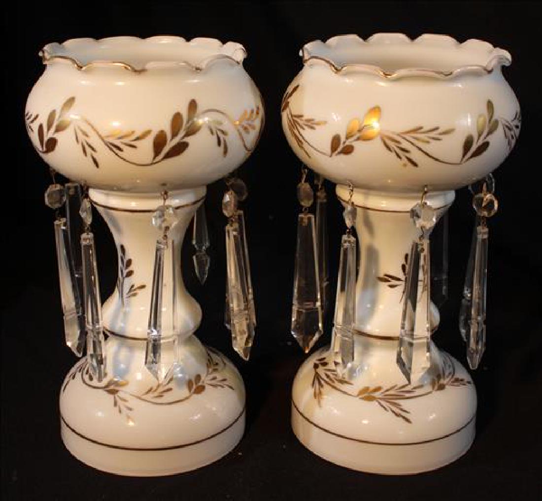 Pair white mantle lusters with gold paint, 11 in. T.: Pair white mantle lusters with gold paint, 11 in. T.