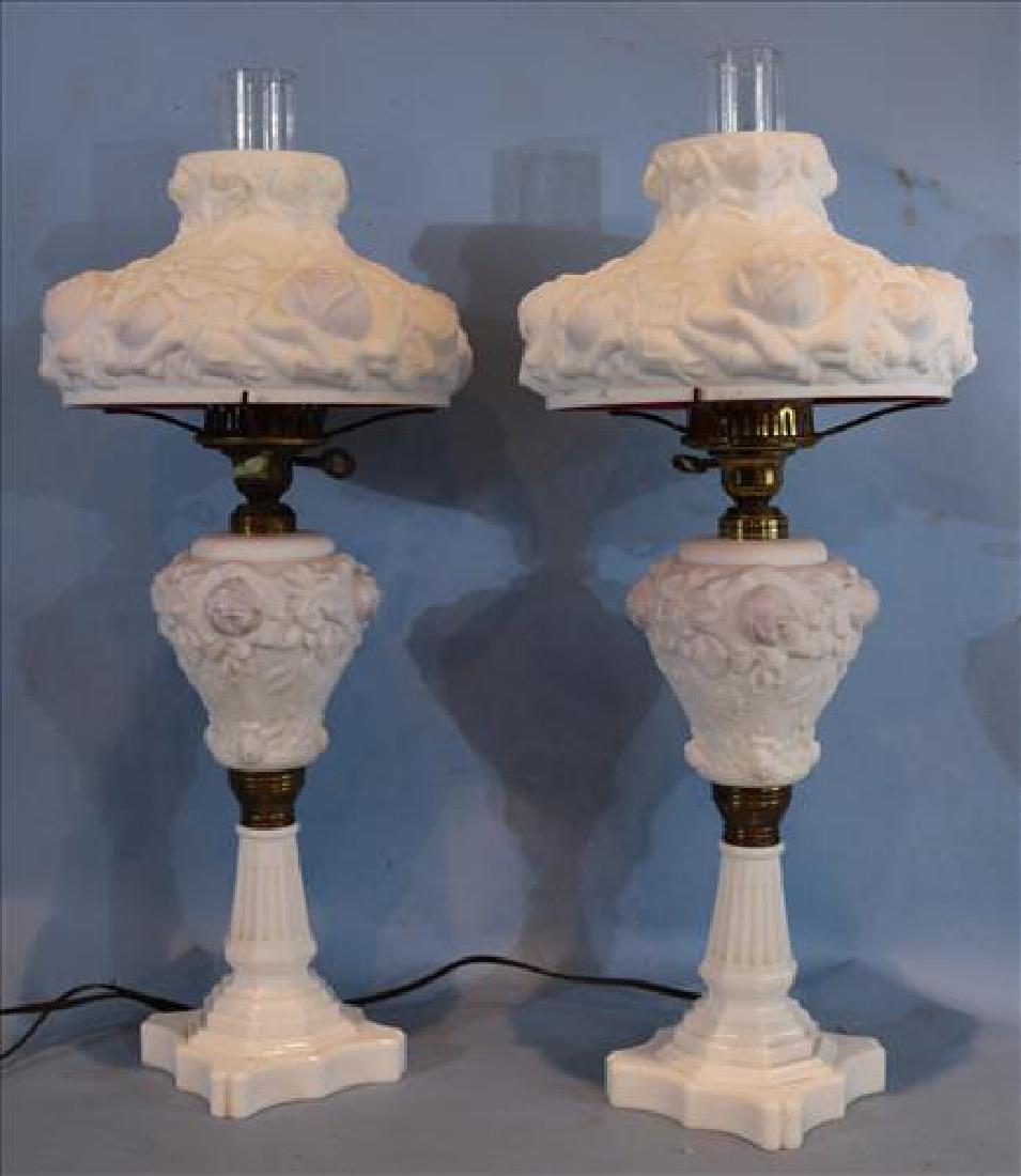 Pair of early Fenton glass lamps, 26 in. T.
