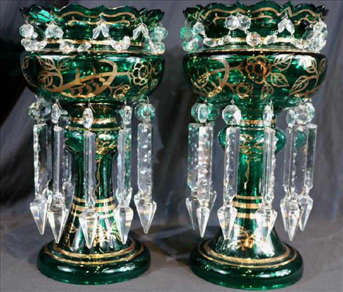 Unusual pair green mantle lusters w prisms, 13 in. T.: Unusual pair green mantle lusters with draped prisms, 13 in. T, 11 in. Dia.