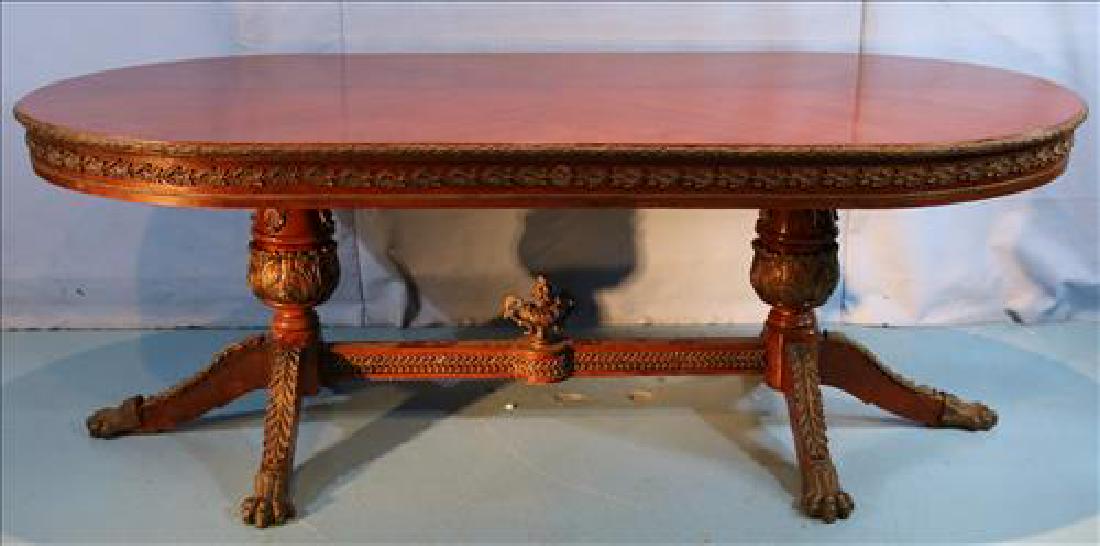 Herringbone mahogany dining table with veneer top: Herringbone mahogany dining table with veneer top and extensive brass ormolu, 44 in. W, 88 in. L, 30 in. T.