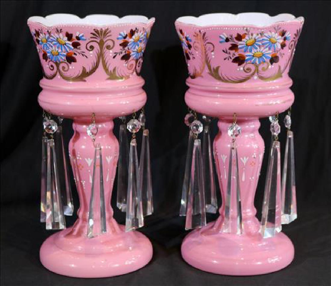 Pair of pink mantle lusters, 12 in. T, 7 in. Dia.: Pair of pink mantle lusters, 12 in. T, 7 in. Dia.