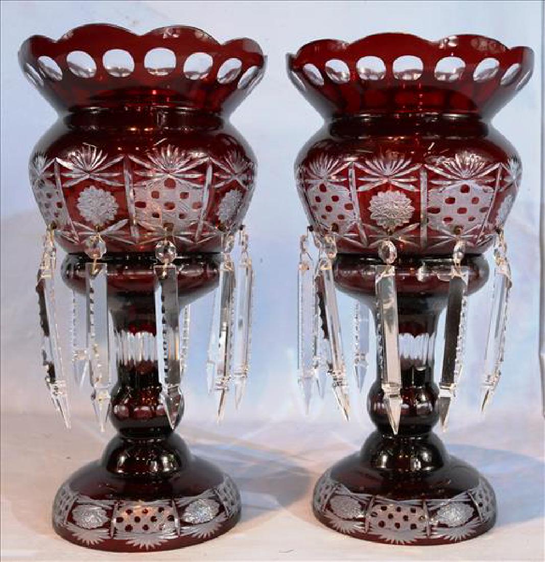Pair oversized Bohemian mantle lusters, cut to clear: Pair oversized Bohemian mantle lusters, cut to clear, not old, 18 in. T, 10 in. Dia.