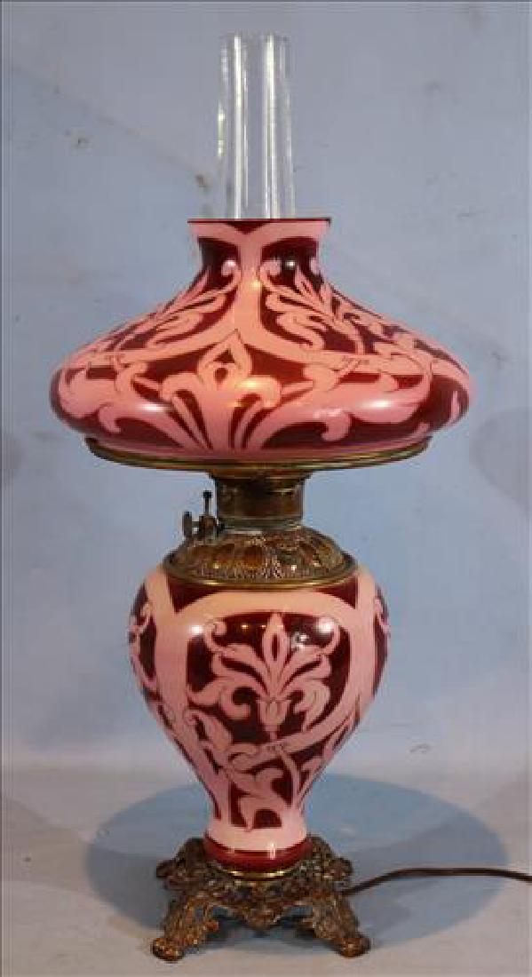 Beautiful Victorian oil lamp, maroon and pink design (1 of 4)