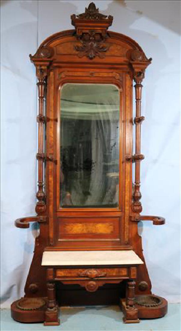 Walnut Victorian hall tree with white marble insert