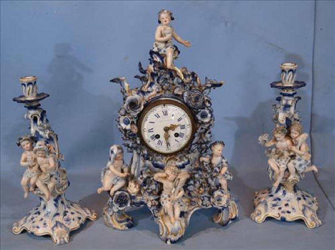 3 piece Meissen porcelain blue figural clock set (1 of 9)