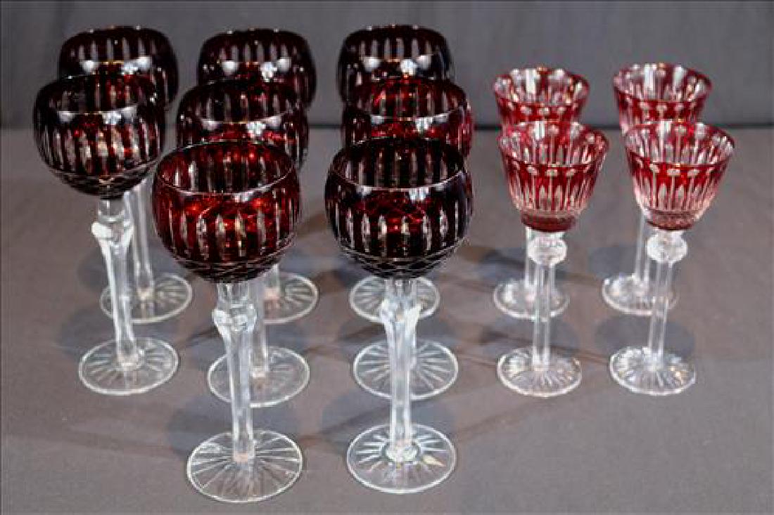 Assortment of 12 Bohemian wine glasses, amethyst: Assortment of 12 cut to clear Bohemian wine glasses, amethyst color