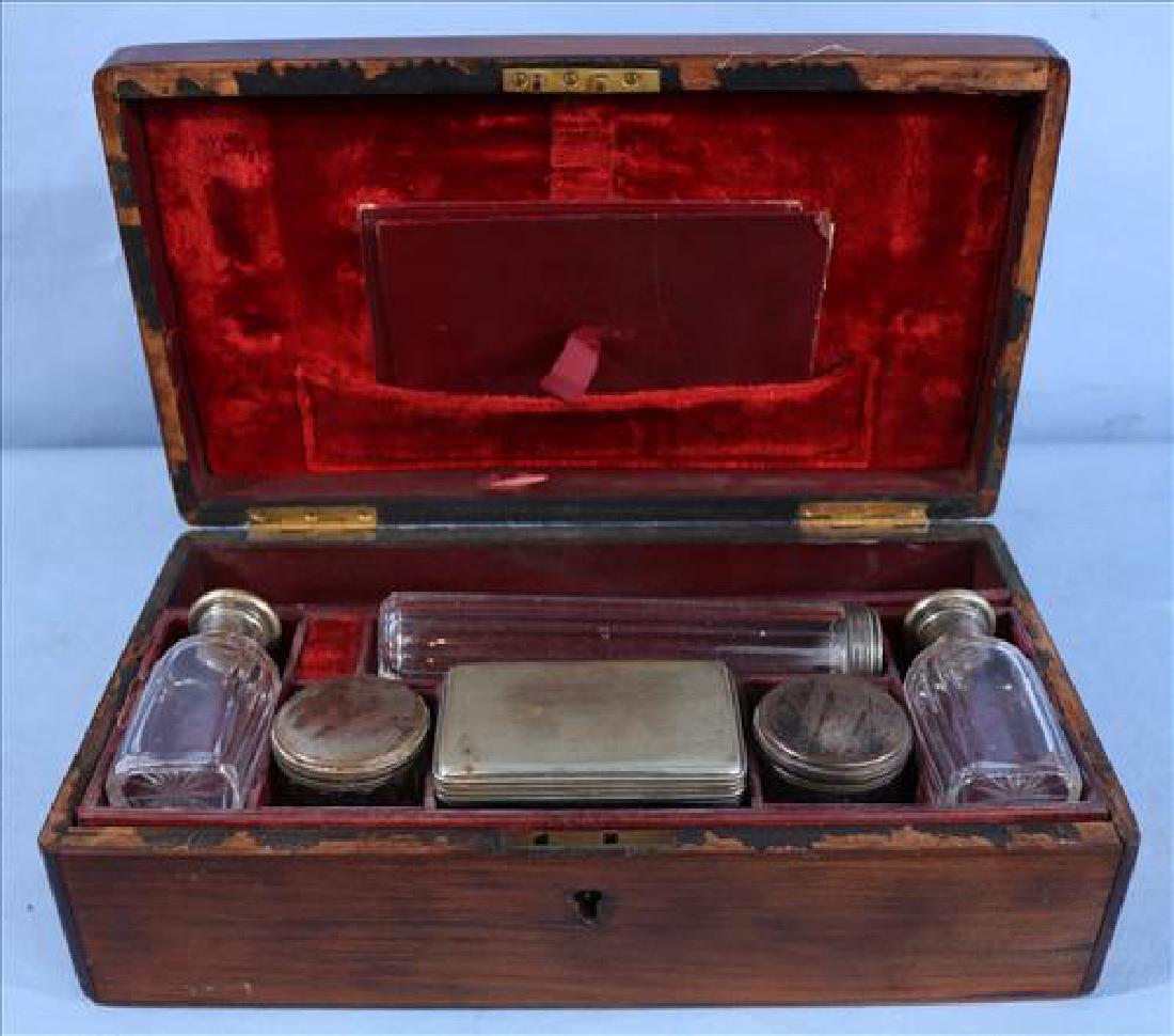Walnut Victorian traveling box with containers