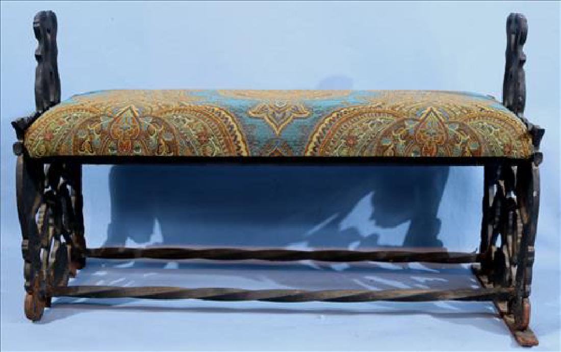 Cast iron fireside bench with green upholstery (1 of 4)