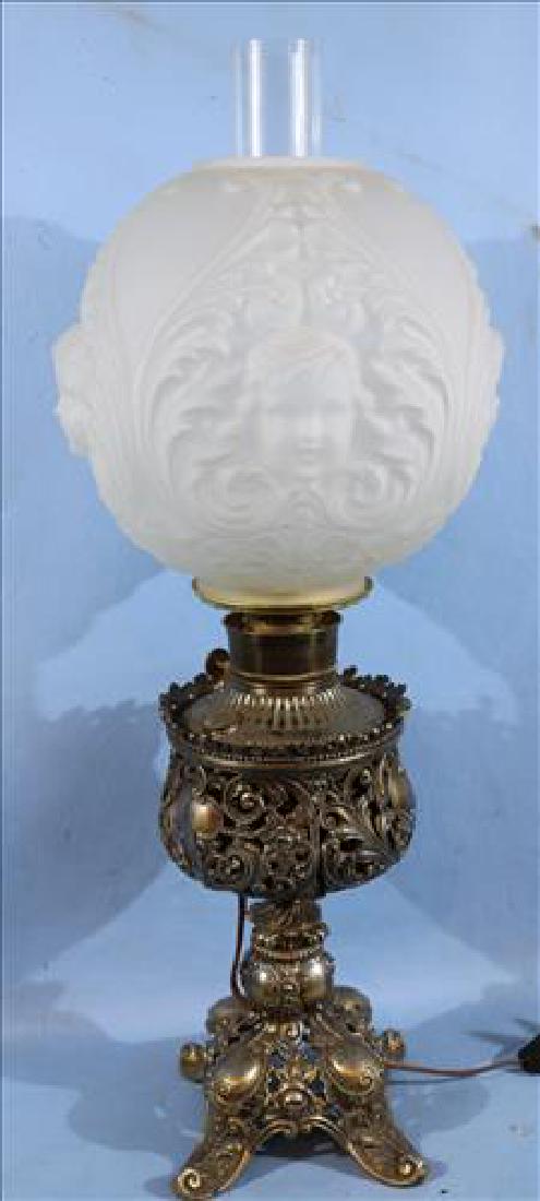 Old Victorian oil lamp with puffed shade, 38 in. T. (1 of 4)