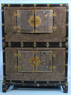 Korean chest on chest with mother of pearl inlay: Korean chest on chest with mother of pearl inlay, 44 in. T, 31 in. W, 15 in. D.