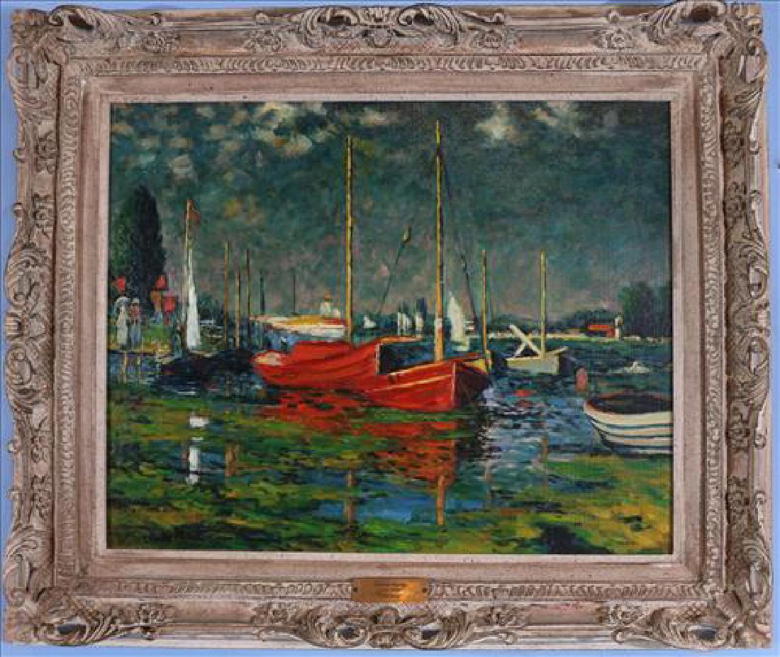 Oil on canvas of harbor scene signed Claude Monet (1 of 4)