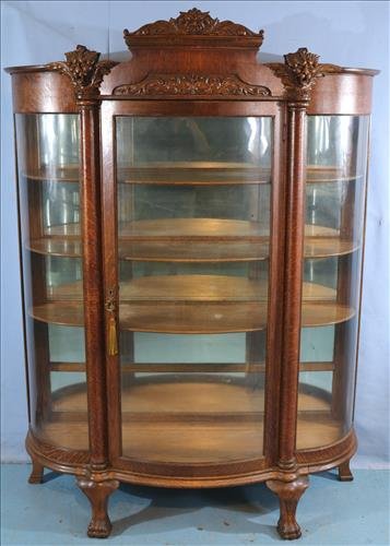 Oak curved glass china cabinet with crown (1 of 4)