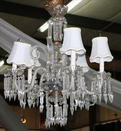 Crystal 5 arm chandelier with silk shades, 25 in. T (1 of 2)