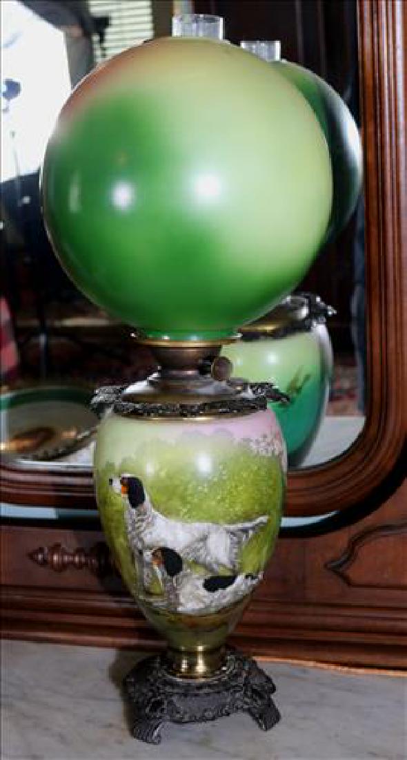 Gone with the wind lamp with bird dogs on base: Gone with the wind lamp with bird dogs on shade, Victorian oil lamp has been converted, 28 in. T.
