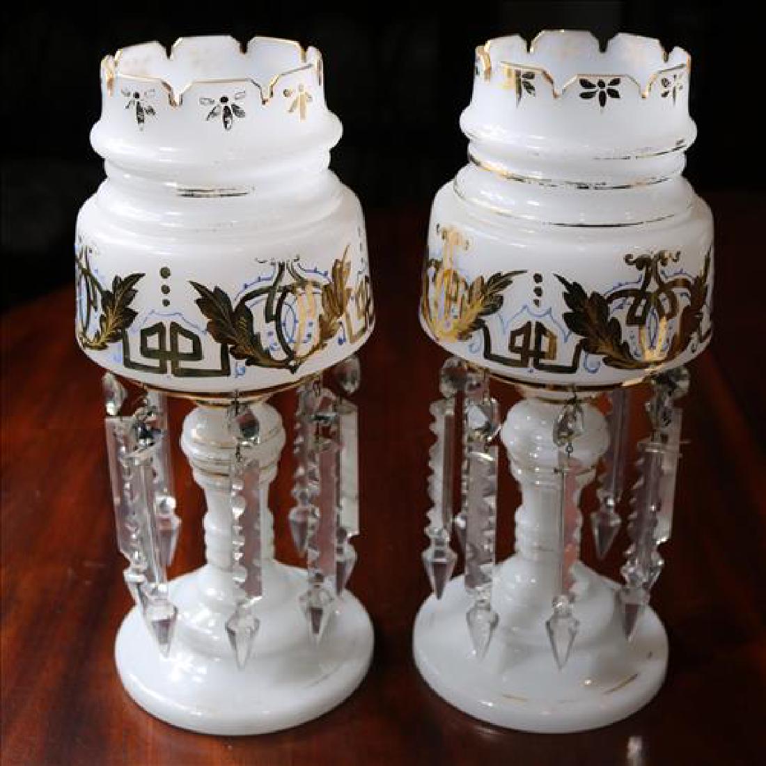 Pair whte mantle lusters with enamel paint, 14 in. T.: Pair whte mantle lusters with enamel paint, 14 in. T.