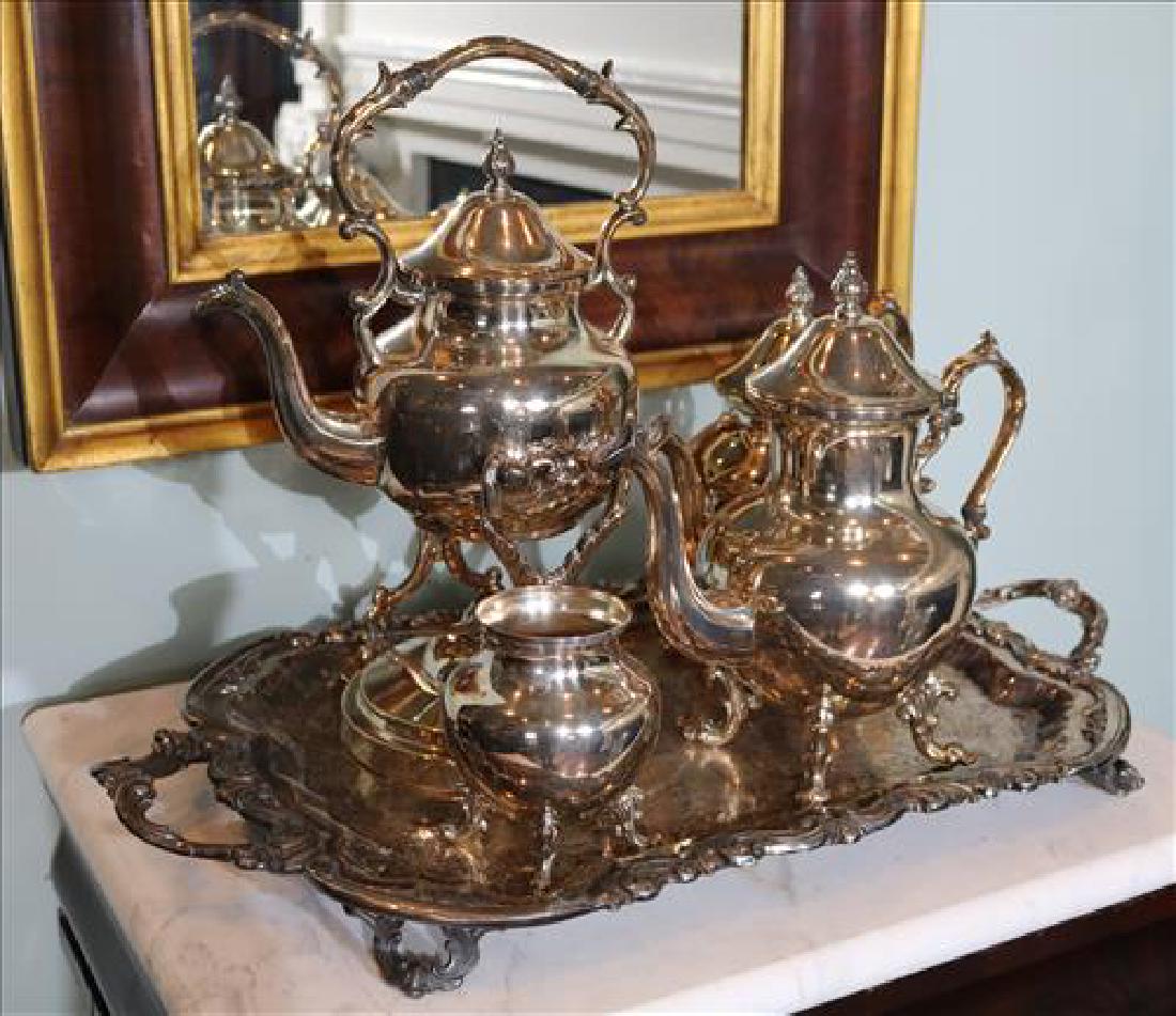 Silverplate silver over copper tea set with tray, 19