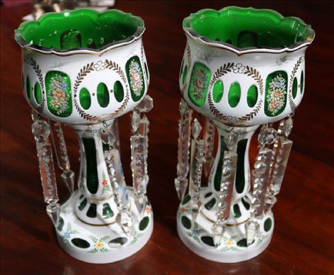 Pair of white cut to green Victorian mantle lusters, 12 (1 of 3)