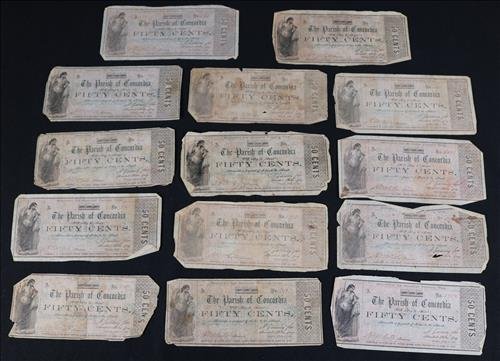 Set of 14 Parish of Concordia, Confederate bills (1 of 4)