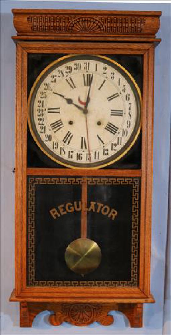 Oak regulator school clock by E. Ingram, 36 x 17 (1 of 4)