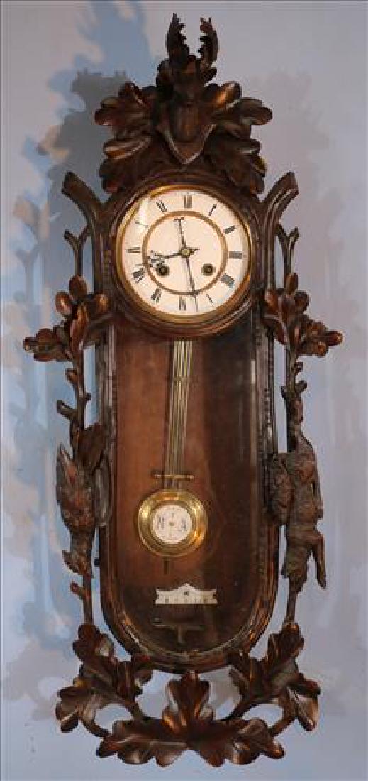 Black forest wall clock w carved deer, rabbit, bird (1 of 8)