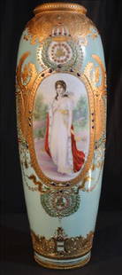 Tall H.P. Nippon vase, teal blue with portrait, 18 in.: Tall H.P. Nippon vase, teal blue with portrait of girl in white dress , 18 in. T.