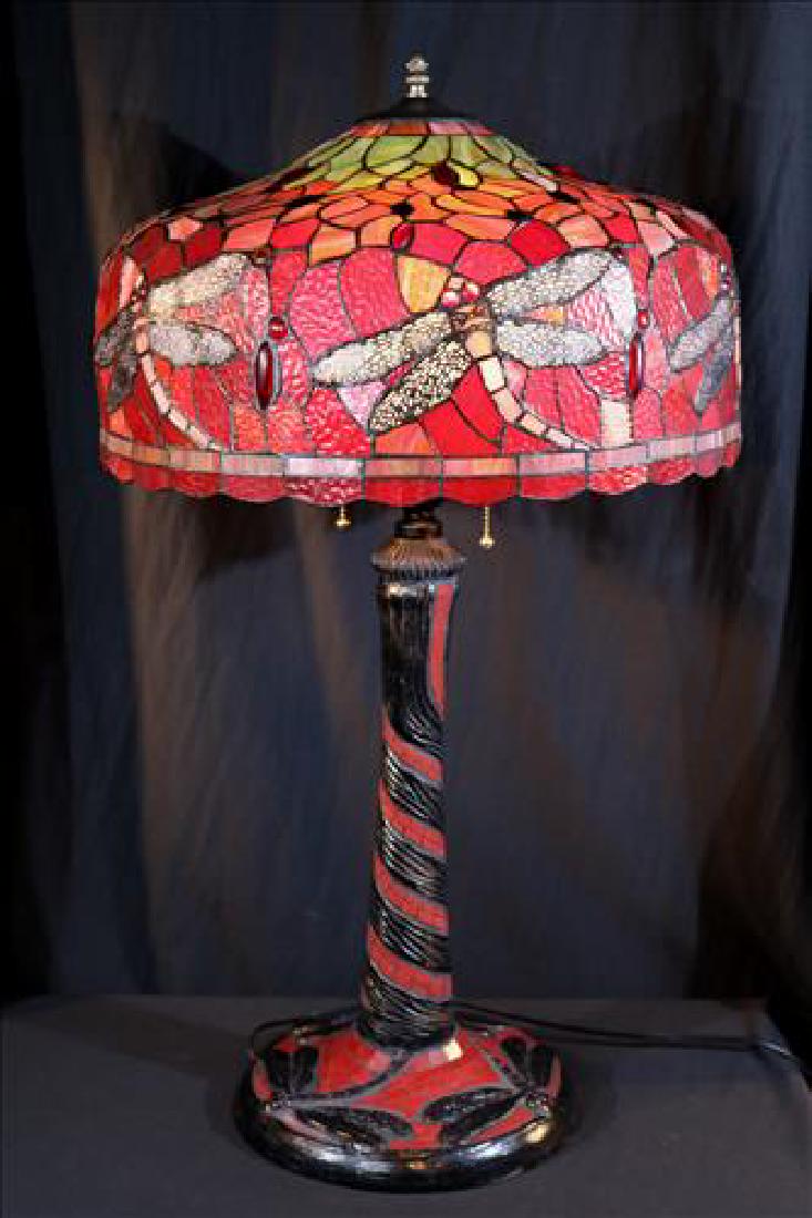 Red contemporary stained glass lamp with dragonflies (1 of 4)