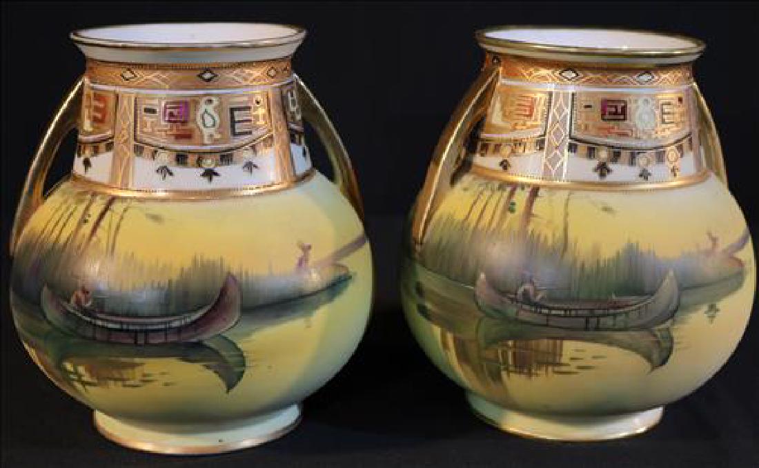 Pair of H.P. Nippon vases with Indian scene, 7  in. T. (1 of 4)