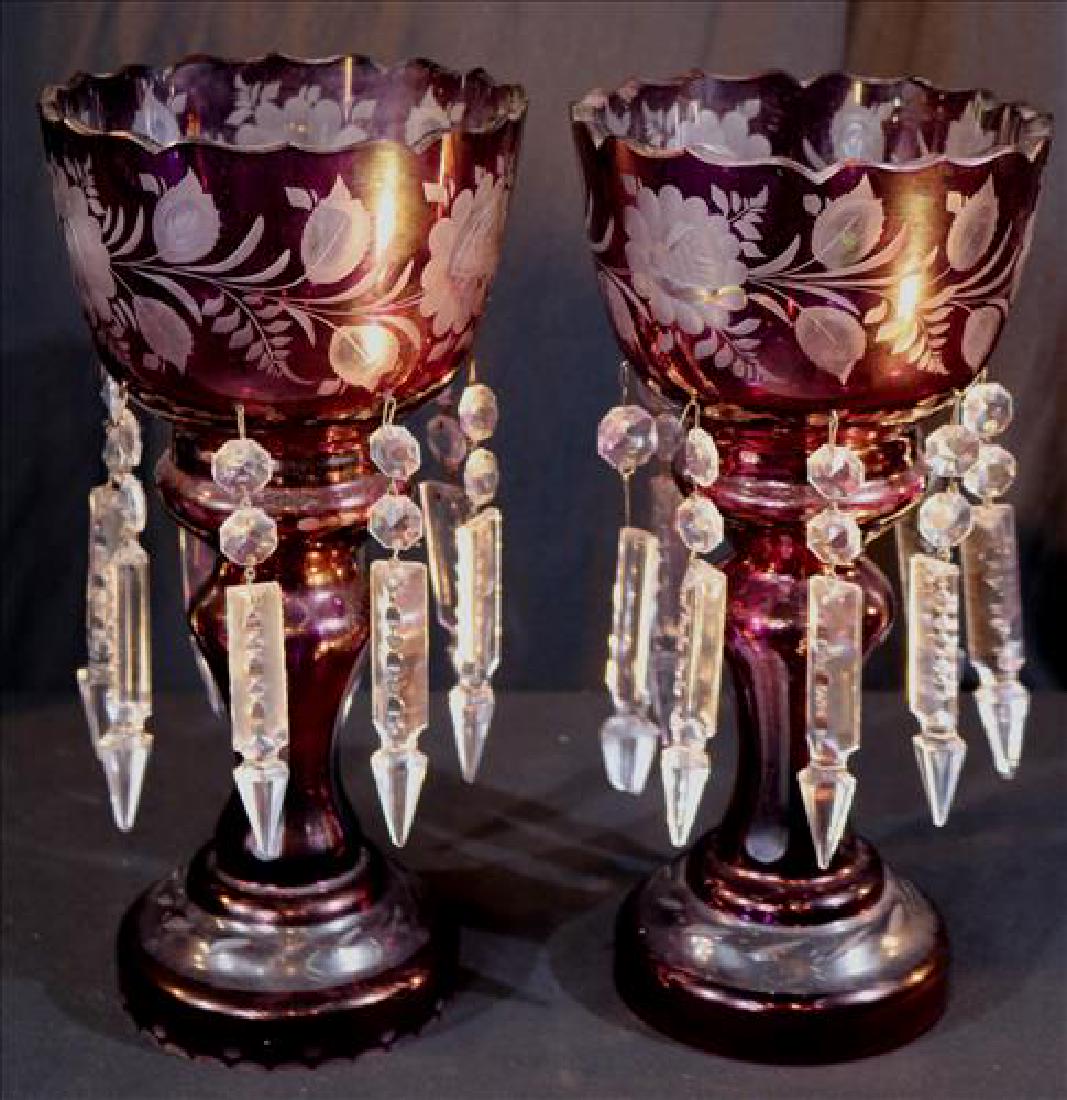 Pair amethyst cut to clear mantle lusters, 13 in. T.: Pair amethyst cut to clear mantle lusters, 13 in. T, 7 in. Dia.