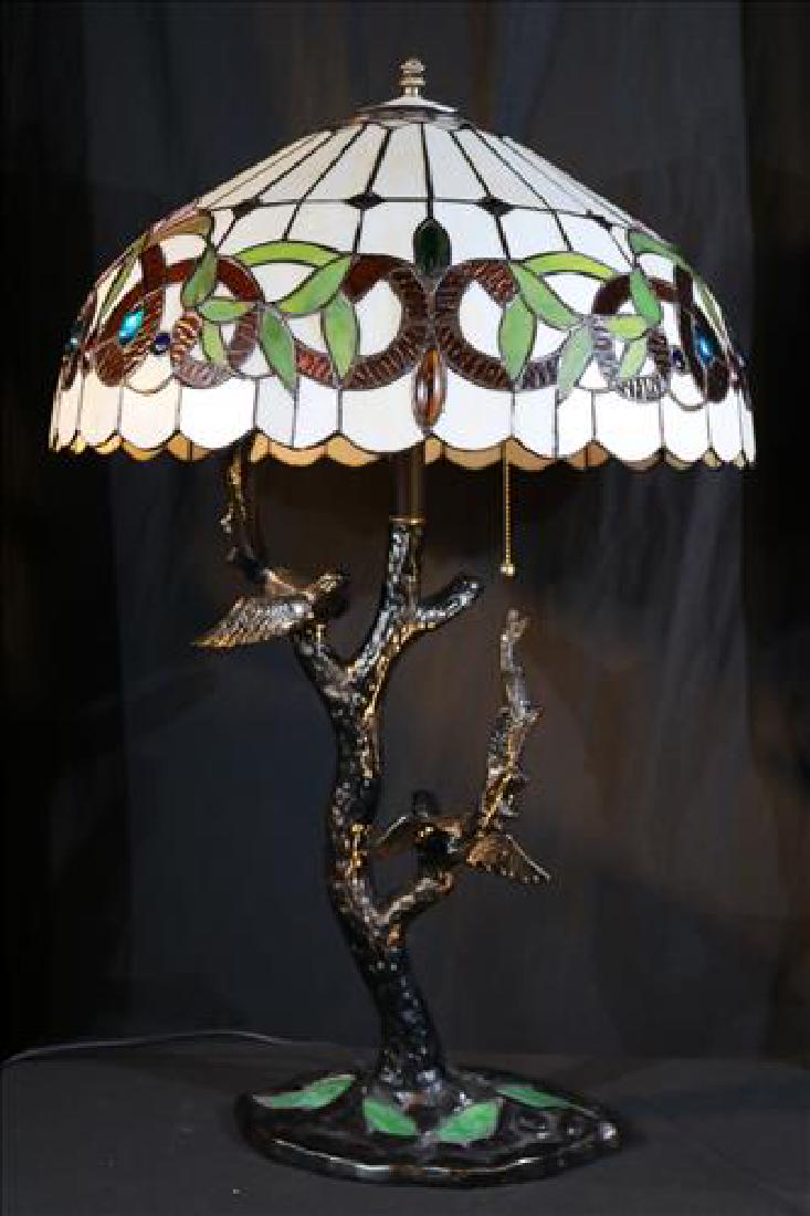 Contemporary leaded glass lamp w birds on base (1 of 3)