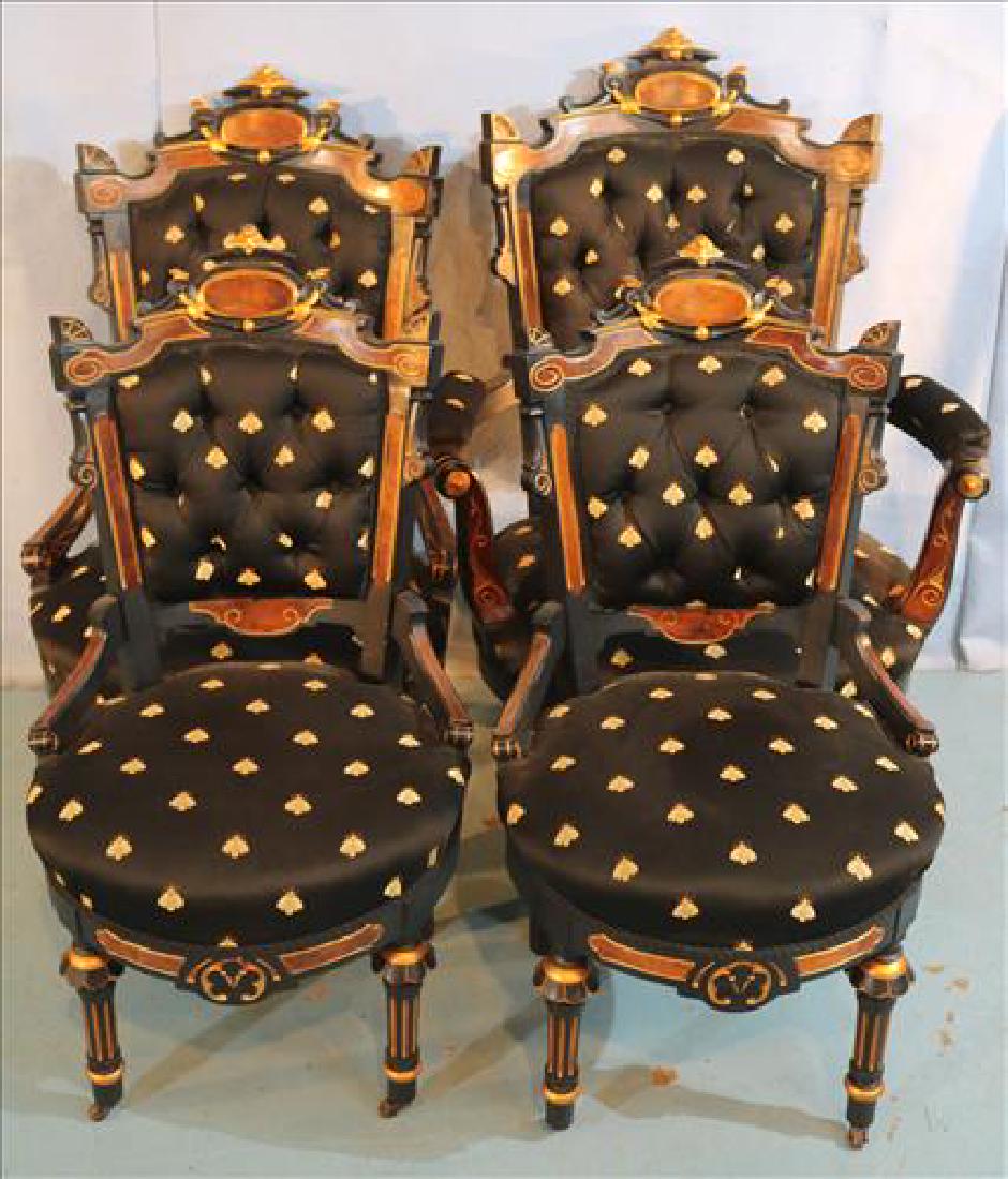 Set of 4 renaissance revival chairs: Set of 4 renaissance revival chairs with black bee upholstery, 44.5 in. T, 31 in. W, 23 in. D.
