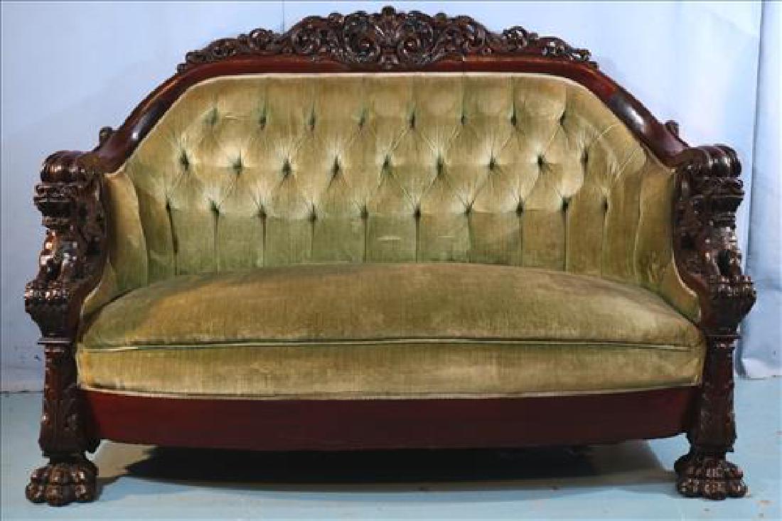 Mahogany heavily carved love seat with lion heads (1 of 5)