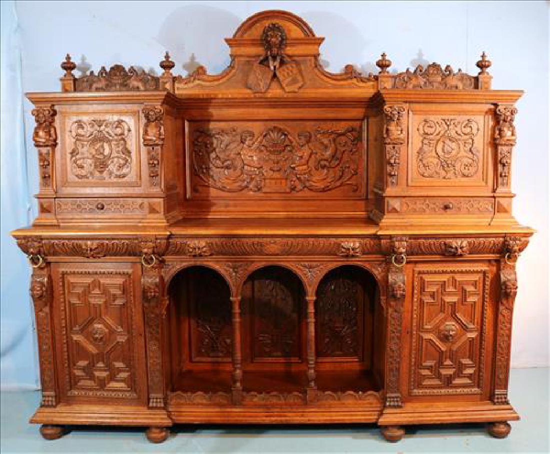Large heavily carved oak English sideboard w lions (1 of 7)