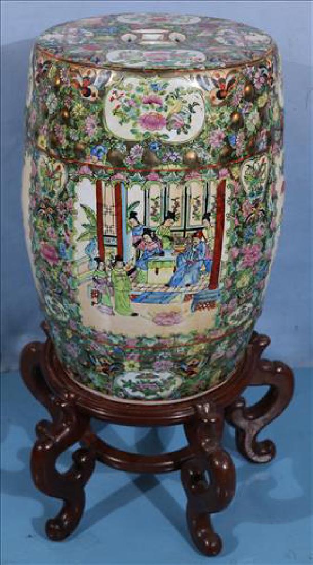 Oriental porcelain garden seat on stand: Oriental porcelain garden seat on stand, 18.5 in. T, 12 in. Dia.