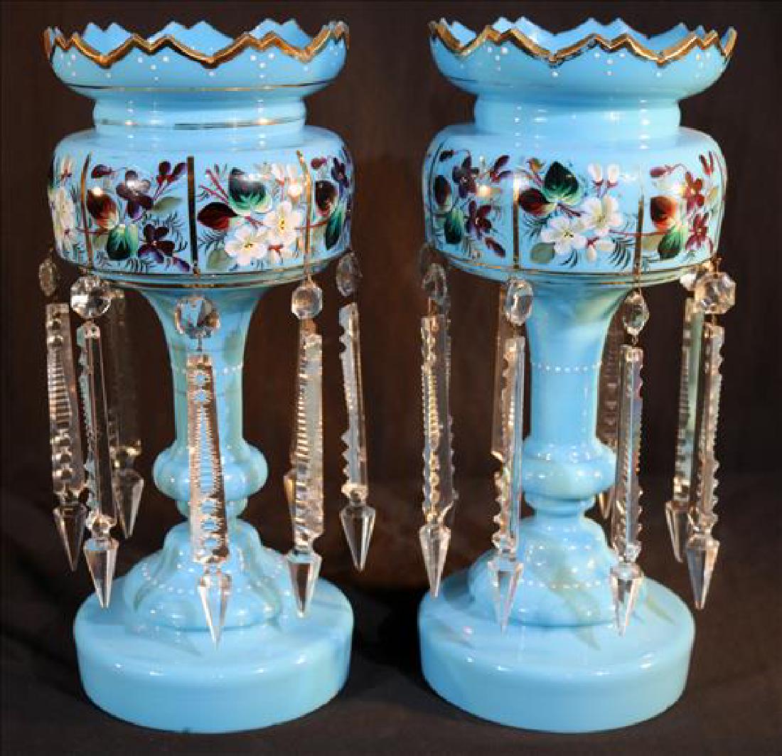 Pair powder blue mantle lusters with cut prisms: Pair powder blue mantle lusters with cut prisms and hand painted flowers, 15 in. T, 7 in. Dia.