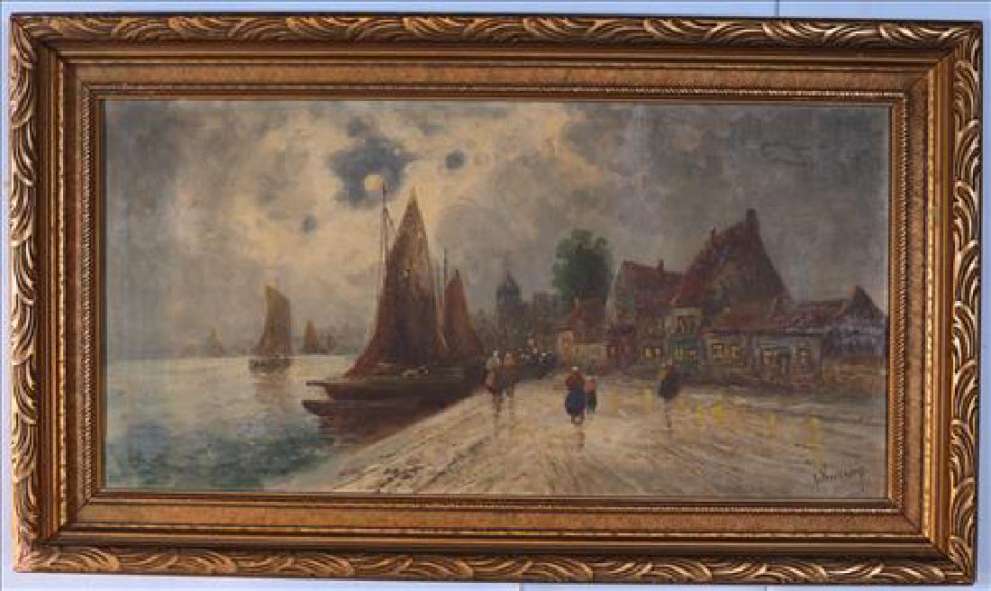 Oil on canvas of village by the sea, 20 x 36, signed (1 of 3)