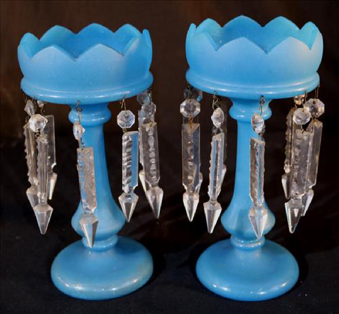 Pair powder satin blue mantle lusters with no paint: Pair powder satin blue mantle lusters with no paint, 11 in. T, 5 in. Dia.