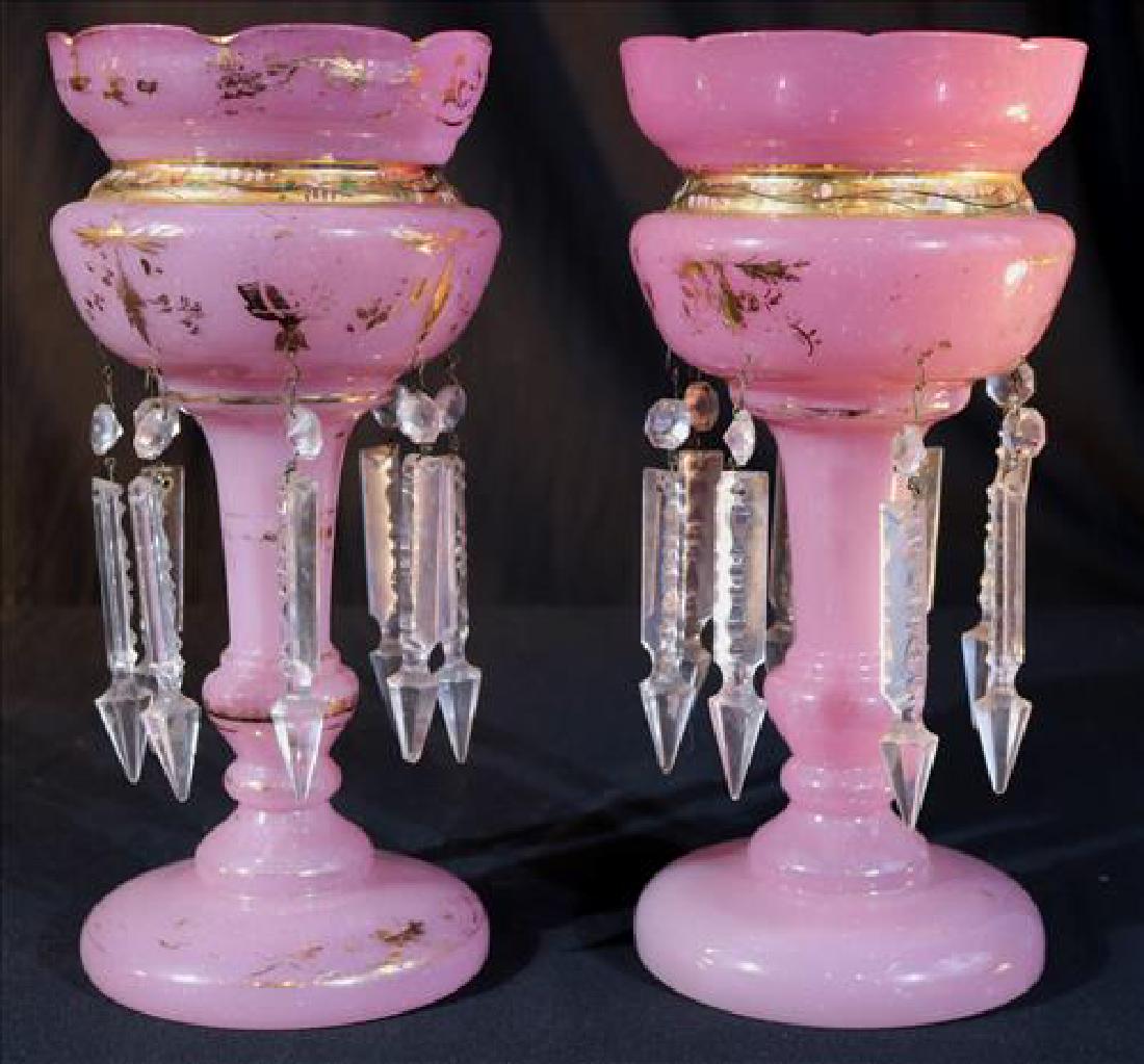 Pair pink mantle lusters with gold enamel paint, 12 in.: Pair pink mantle lusters with gold enamel paint, 12 in. T, 6 in. Dia.