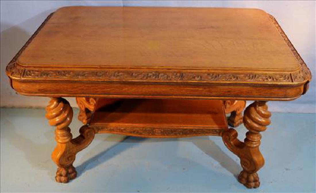 Oak library table with twisted column supports and (1 of 5)